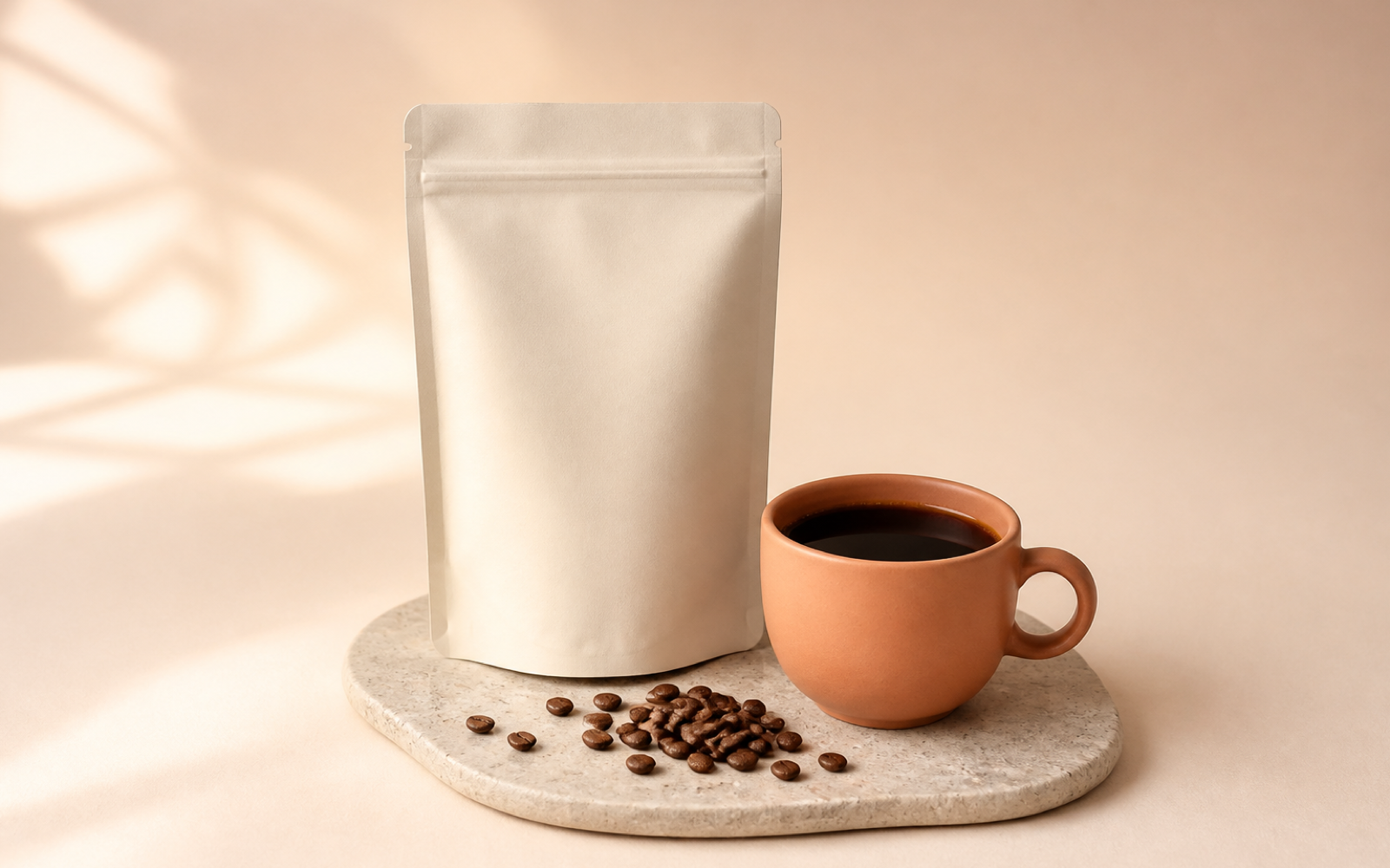 Café tostado servido junto a granos y un empaque neutro.